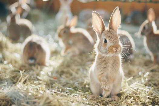 Shelter Rabbits Hopping and Binkying in Indoor Play Area Hay and Toys Scattered for Enrichment photo