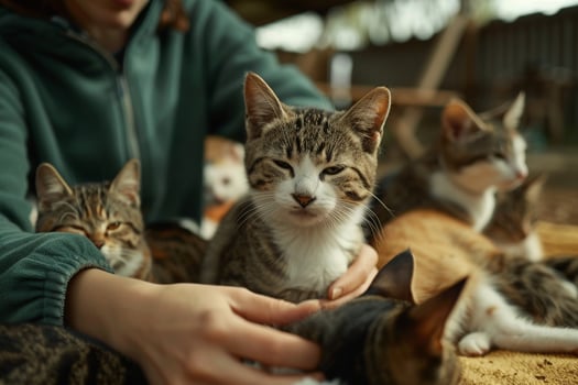 Uplifting Volunteer Brushing Group of Shelter Cats Purrs and Relaxed Expressions photo