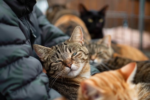 Uplifting Volunteer Brushing Group of Shelter Cats Purrs and Relaxed Expressions photo