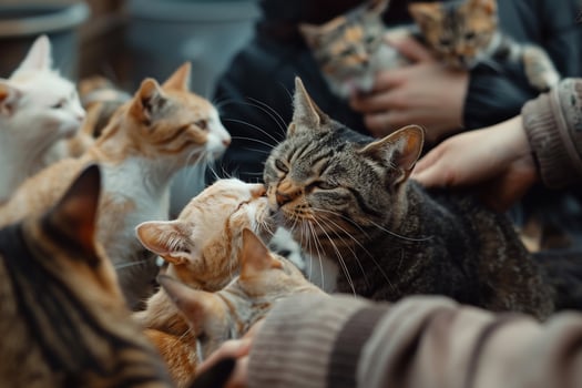 Uplifting Volunteer Brushing Group of Shelter Cats Purrs and Relaxed Expressions photo