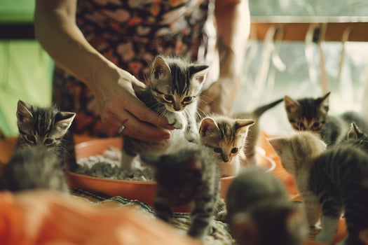 Uplifting Volunteer Playing with Shelter Kittens Using Interactive Toys photo