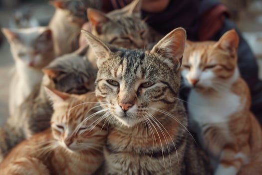 Uplifting Volunteer Brushing Group of Shelter Cats Their Purrs and Relaxed Expressions Indicating Enjoyment and Trust Background Included photo