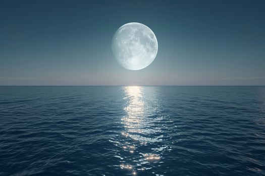 Full Moon Rising Over Ocean with Silvery Light on Water Surface photo