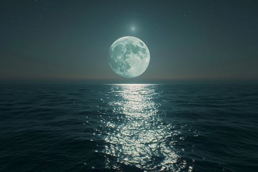 Full Moon Rising Over Calm Ocean with Silvery Light Reflection photo