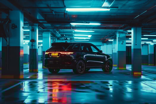 Luxury SUV Parked in Upscale Urban Garage Showcasing Spacious Interior and Premium Materials photo