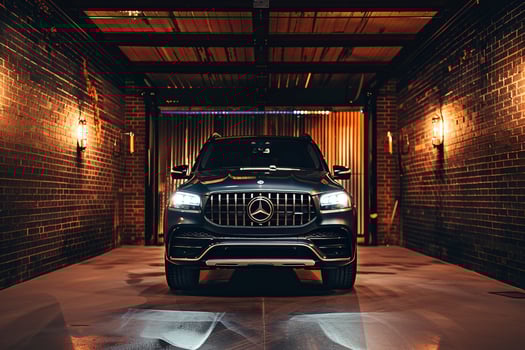 Luxury SUV Parked in Upscale Urban Garage Showcasing Spacious Interior and Premium Materials photo