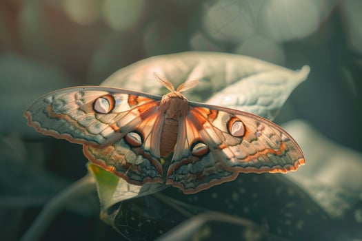Nature Delicate Sunlight Creating Intricate Patterns on the Translucent Wings of Moth Resting on Leaf nature background photo