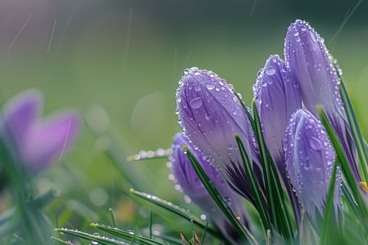 Nature Dew Covered Violet Crocus Flowers Emerging from Green Grass nature background photo