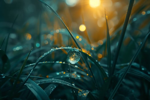 Delicate Sunlight Illuminating Single Raindrop on Blade of Grass nature background photo