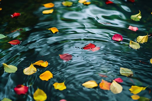 Abstract wildflower petals drifting on a calm pond surface background nature photo