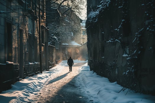 Twilight casting long shadows over solitary figure walking through snowy alley in historic town background nature photo