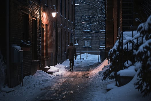 Twilight casting long shadows over solitary figure walking through snowy city alley photo