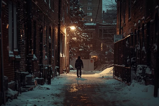 Twilight casting long shadows over solitary figure walking through snowy city alley photo