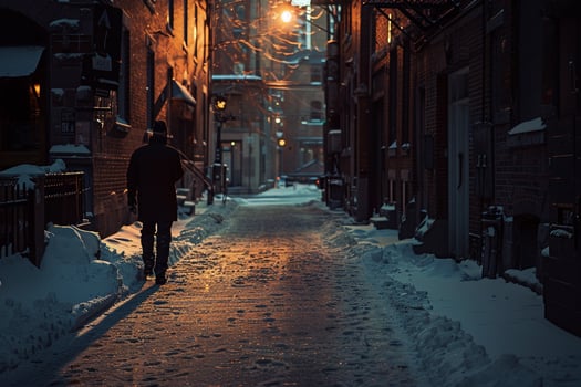 Twilight casting long shadows over solitary figure walking through snowy city alley photo