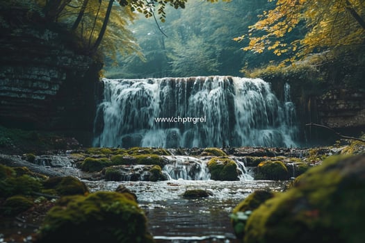 Serene Waterfall Cascading Gracefully Over MossCovered Rocks in Secluded Forest Glen Background Nature photo
