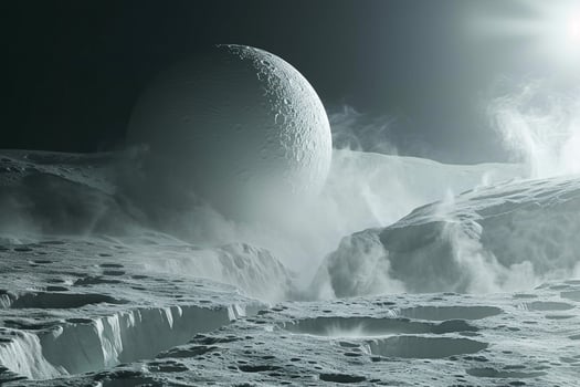 Enceladus Moon of Saturn with Its Icy Surface and Geysers of Water Vapor Erupting from Its South Pole Background and Nature photo