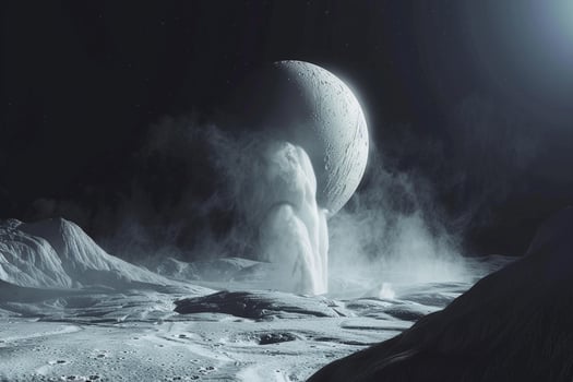 Enceladus Moon of Saturn with Its Icy Surface and Geysers of Water Vapor Erupting from Its South Pole Background and Nature photo