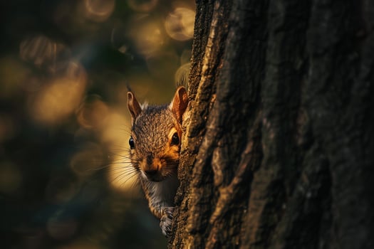 Squirrel Peeking Out from Behind Tree Trunk Sunlight Illuminating Its Fur nature background photo