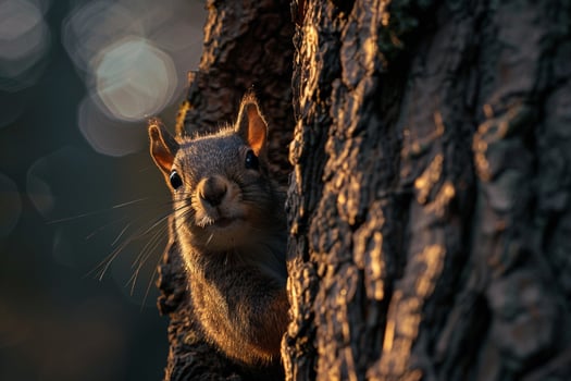 Squirrel Peeking Out from Behind Tree Trunk Sunlight Illuminating Its Fur nature background photo
