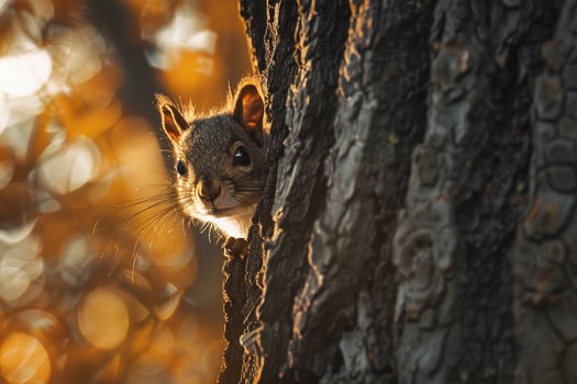 Squirrel Peeking Out from Behind Tree Trunk Sunlight Illuminating Its Fur nature background photo