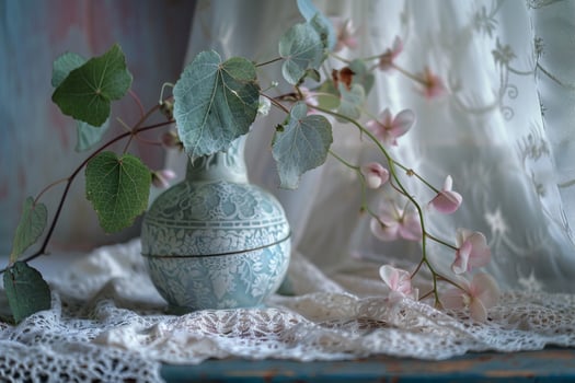 Heart Shaped Leaves Intertwined with Delicate Flowers in Vintage Porcelain Vase on Lace Tablecloth nature background photo