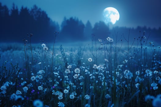 Glowing Wildflowers Under Full Moon in a Misty Night Field   nature background photo