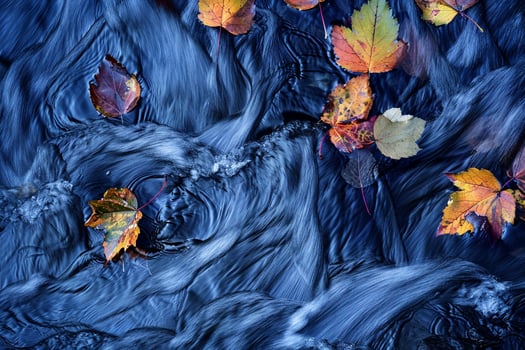 Conceptual Intriguing Abstract Patterns Created by Floating Autumn Leaves Reflecting in the Swirling Currents of Mountain Stream   nature background photo