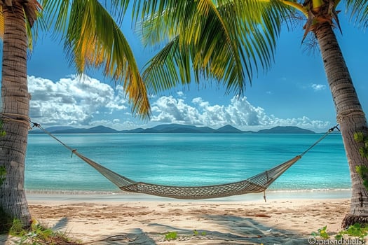 Hammock Between Two Palm Trees on Secluded Beach Overlooking Calm Azure Waters   nature background photo