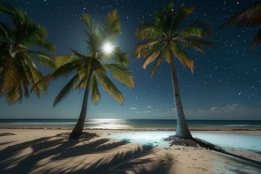 Paradise Palm Trees Casting Shadows on Beach During Full Moon Night with Stars Twinkling in Clear Sky Above nature background photo