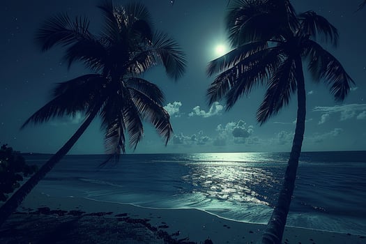 Palm Trees Swaying in the Gentle Breeze on Moonlit Beach with the Moon Reflected on the Calm Ocean nature background photo