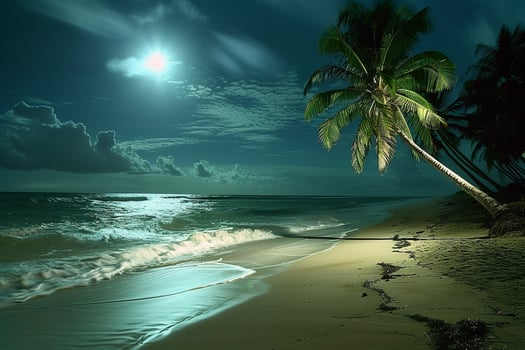 Bliss Palm Trees Illuminated by the Glow of Moonlight on Peaceful Beach with Gentle Waves Lapping at the Shore nature background photo