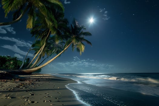 Bliss Palm Trees Illuminated by the Glow of Moonlight on Peaceful Beach with Gentle Waves Lapping at the Shore nature background photo