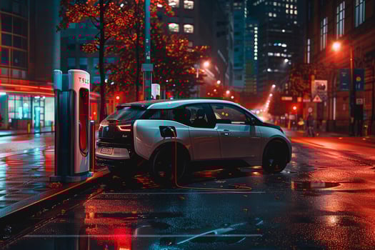 New electric vehicle at city street charging station with urban background nature background photo