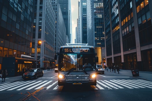 Public bus traveling down busy avenue with skyscrapers and pedestrian crossings nature background photo