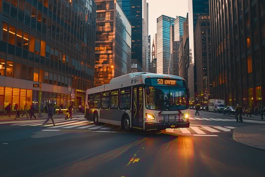 Public bus traveling down busy avenue with skyscrapers and pedestrian crossings nature background photo