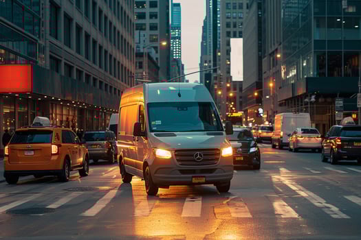 Delivery van navigating busy downtown intersection during rush hour nature background photo