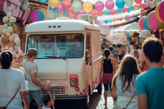 Ice cream truck parked at colorful summer street fair with cheerful crowds nature background photo