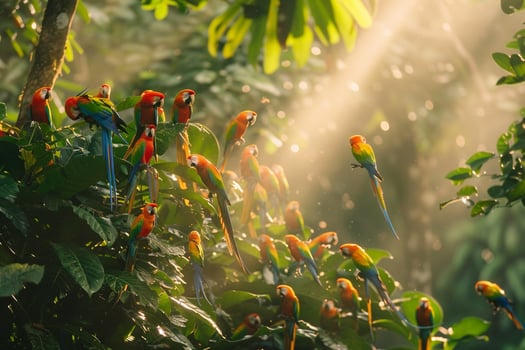 Tropical Forest nature background Parrots Play in Dappled Morning Sunlight photo