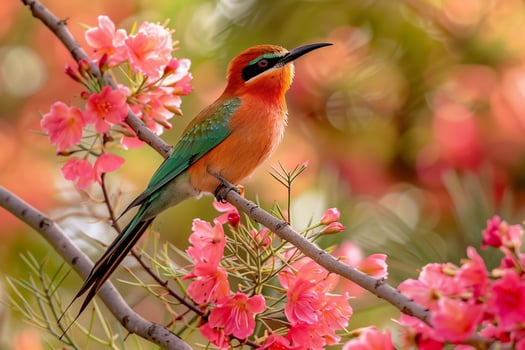 Southern Carmine Bee eater Amidst Blooming Acacia Flowers nature background photo