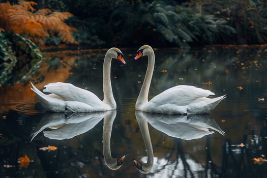 Swans Gliding Across Garden Pond nature background with Reflections photo