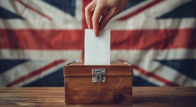Person Voting in Ballot Box With Union Jack Flags photo