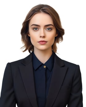 A young woman in a black blazer and a blue shirt looks directly at the camera with a neutral expression photo