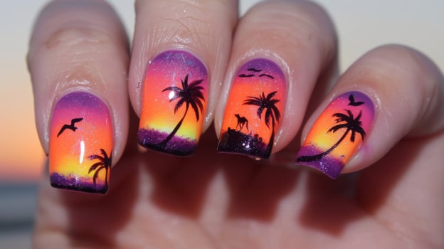 Tropical Sunset Nail Art Design with Palm Trees Birds and Gradient Colors for Summer Vacation Inspo photo