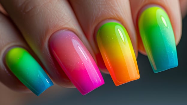 Vibrant Neon Gradient Nails, CloseUp Nail Art for Summer Design, Perfect for Fashion and Beauty Magazines photo
