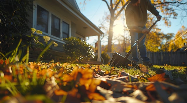 Man Raking Leaves In Autumn Yard photo