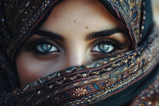 Mystic gaze - woman with piercing blue eyes veiled in patterned scarf photo