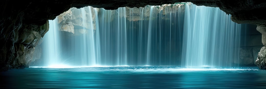 A waterfall flows into a pool of water within a cave photo
