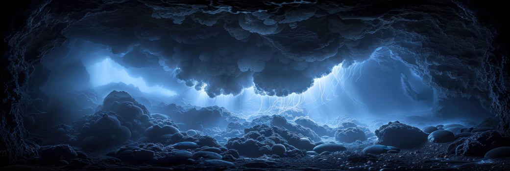 A blue glow illuminates ice formations in a cave photo