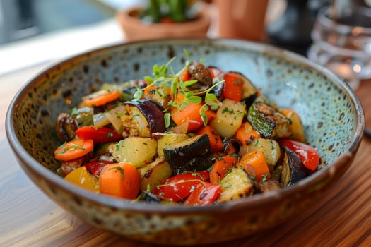 Fresh mediterranean vegetable salad in rustic bowl photo