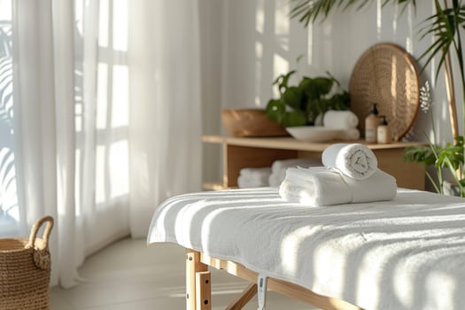 Modern stylish room with massage table in a spa salon. White walls, natural wooden furniture, daylight. photo